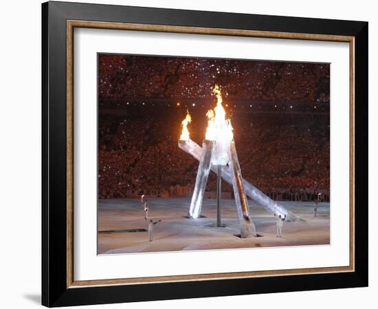 Wayne Gretzky and Others with Burning Olympic Cauldron, Opening Ceremonies for the XXI Winter Games-null-Framed Photographic Print