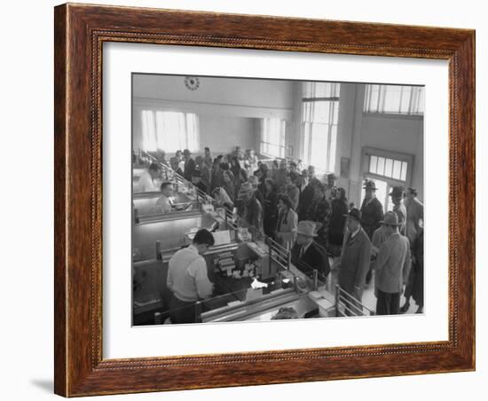 Wealthy Casper Residents Lining Up in the Casper National Bank-Peter Stackpole-Framed Photographic Print