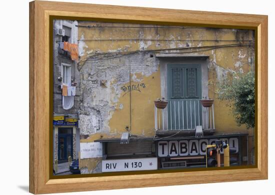 Weather and Sun-Beaten Corner Facade of a Residence on Top of a Shop, Naples, Campania, Italy-Natalie Tepper-Framed Stretched Canvas