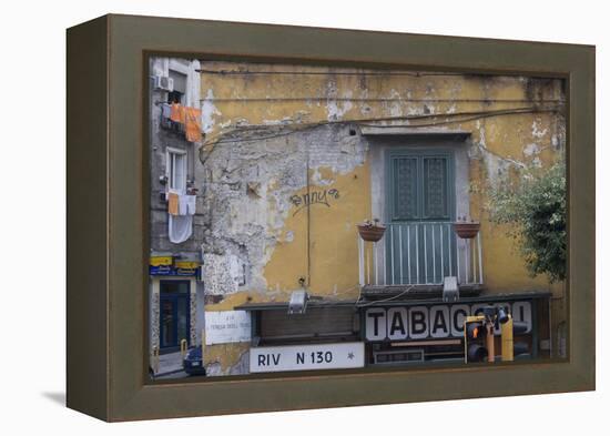 Weather and Sun-Beaten Corner Facade of a Residence on Top of a Shop, Naples, Campania, Italy-Natalie Tepper-Framed Stretched Canvas