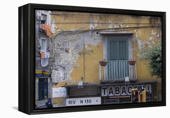 Weather and Sun-Beaten Corner Facade of a Residence on Top of a Shop, Naples, Campania, Italy-Natalie Tepper-Framed Stretched Canvas