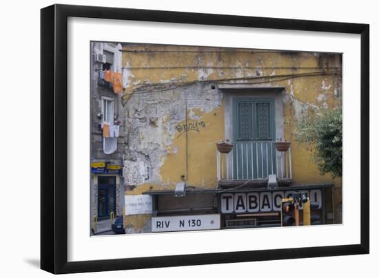 Weather and Sun-Beaten Corner Facade of a Residence on Top of a Shop, Naples, Campania, Italy-Natalie Tepper-Framed Photo