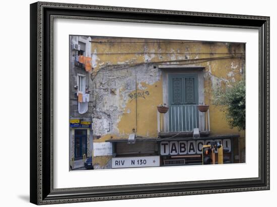 Weather and Sun-Beaten Corner Facade of a Residence on Top of a Shop, Naples, Campania, Italy-Natalie Tepper-Framed Photo