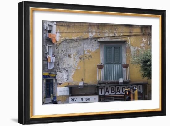 Weather and Sun-Beaten Corner Facade of a Residence on Top of a Shop, Naples, Campania, Italy-Natalie Tepper-Framed Photo