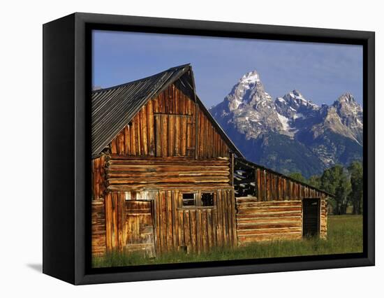 Weathered Wooden Barn Along Mormon Row with the Grand Tetons in Distance, Grand Teton National Park-Dennis Flaherty-Framed Premier Image Canvas