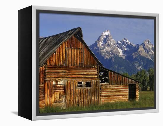 Weathered Wooden Barn Along Mormon Row with the Grand Tetons in Distance, Grand Teton National Park-Dennis Flaherty-Framed Premier Image Canvas