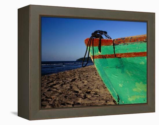 Weathered Wooden Boat Prow on Beach, Tela, Atlantida, Honduras-Jeffrey Becom-Framed Premier Image Canvas