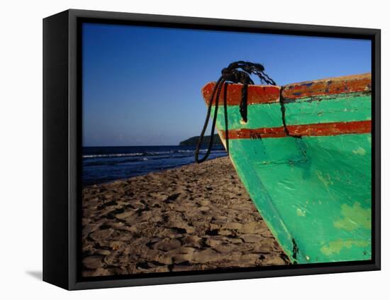 Weathered Wooden Boat Prow on Beach, Tela, Atlantida, Honduras-Jeffrey Becom-Framed Premier Image Canvas