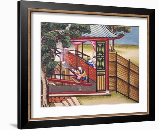 Weaving Silk on a Loom, from "The Process of Manufacturing Silk in 24 Stages"-null-Framed Giclee Print