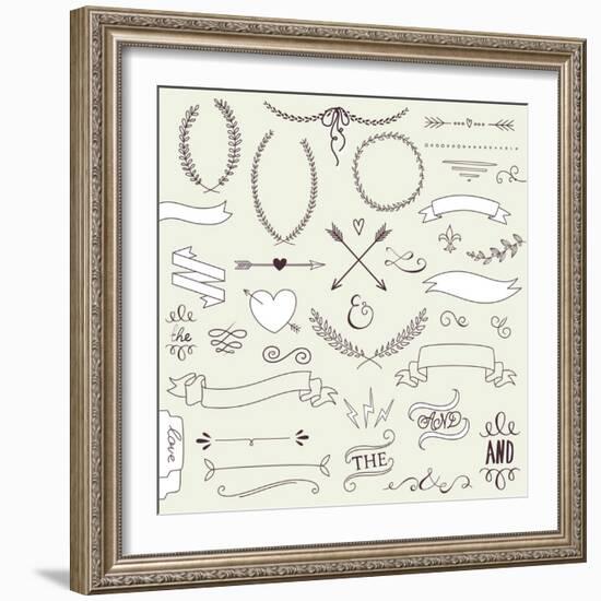 Wedding Graphic Set, Arrows, Hearts, Laurel, Wreaths, Ribbons and Labels.-Alisa Foytik-Framed Art Print