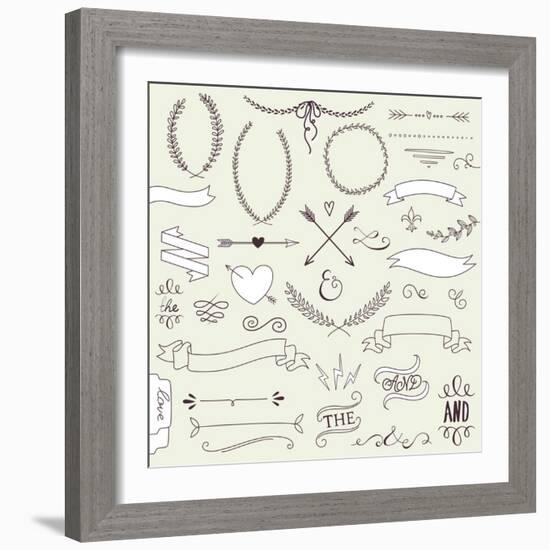 Wedding Graphic Set, Arrows, Hearts, Laurel, Wreaths, Ribbons and Labels.-Alisa Foytik-Framed Art Print