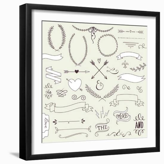 Wedding Graphic Set, Arrows, Hearts, Laurel, Wreaths, Ribbons and Labels.-Alisa Foytik-Framed Art Print