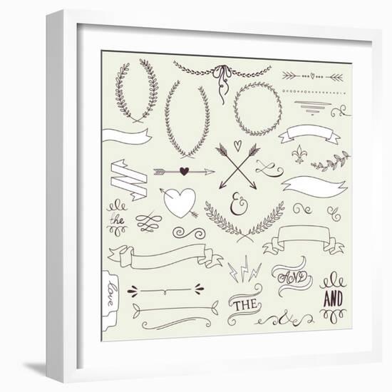 Wedding Graphic Set, Arrows, Hearts, Laurel, Wreaths, Ribbons and Labels.-Alisa Foytik-Framed Art Print