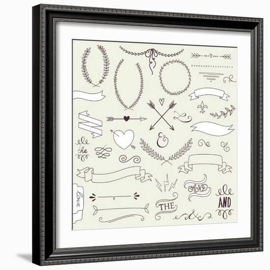 Wedding Graphic Set, Arrows, Hearts, Laurel, Wreaths, Ribbons and Labels.-Alisa Foytik-Framed Art Print