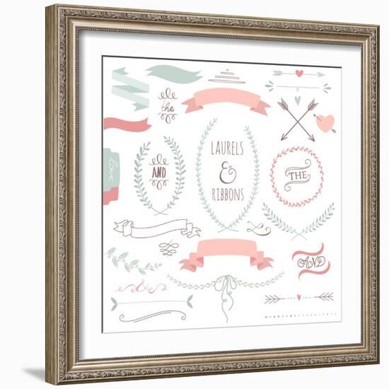 Wedding Graphic Set, Arrows, Hearts, Laurel, Wreaths, Ribbons and Labels.-Alisa Foytik-Framed Art Print