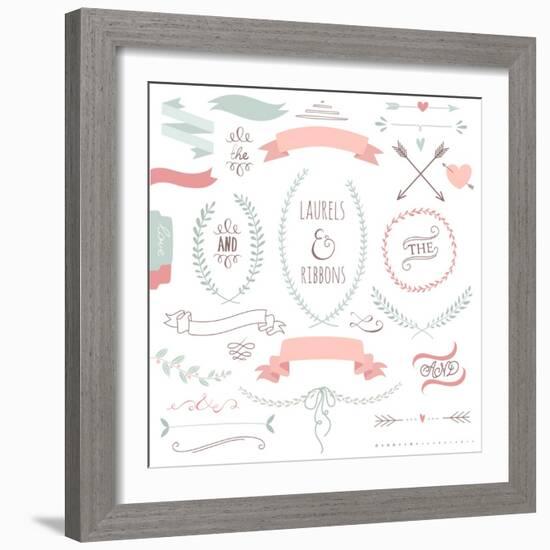 Wedding Graphic Set, Arrows, Hearts, Laurel, Wreaths, Ribbons and Labels.-Alisa Foytik-Framed Art Print