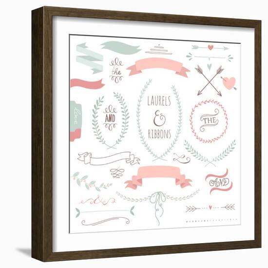 Wedding Graphic Set, Arrows, Hearts, Laurel, Wreaths, Ribbons and Labels.-Alisa Foytik-Framed Art Print