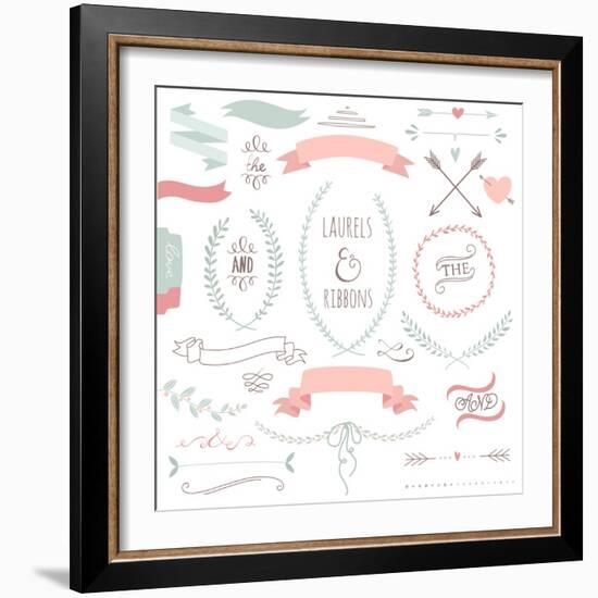 Wedding Graphic Set, Arrows, Hearts, Laurel, Wreaths, Ribbons and Labels.-Alisa Foytik-Framed Art Print