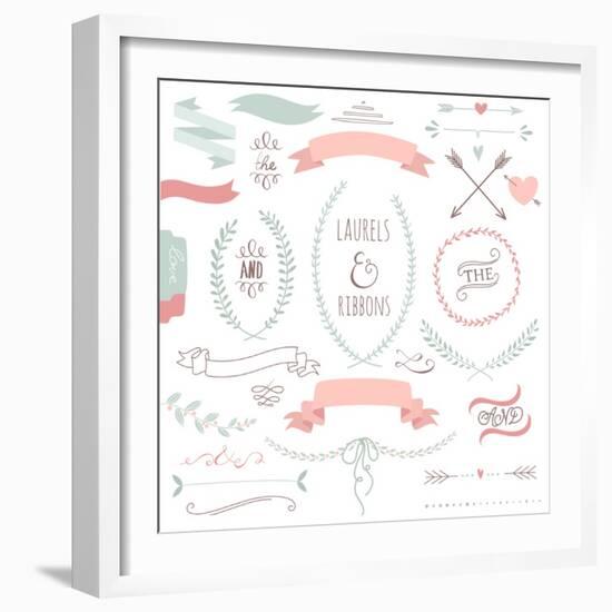 Wedding Graphic Set, Arrows, Hearts, Laurel, Wreaths, Ribbons and Labels.-Alisa Foytik-Framed Art Print