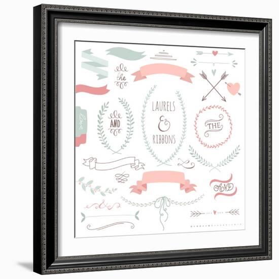 Wedding Graphic Set, Arrows, Hearts, Laurel, Wreaths, Ribbons and Labels.-Alisa Foytik-Framed Art Print