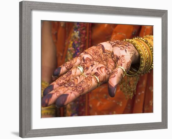 Wedding Guest Showing Henna Marking on Her Hand, Dubai, United Arab Emirates-Jane Sweeney-Framed Photographic Print