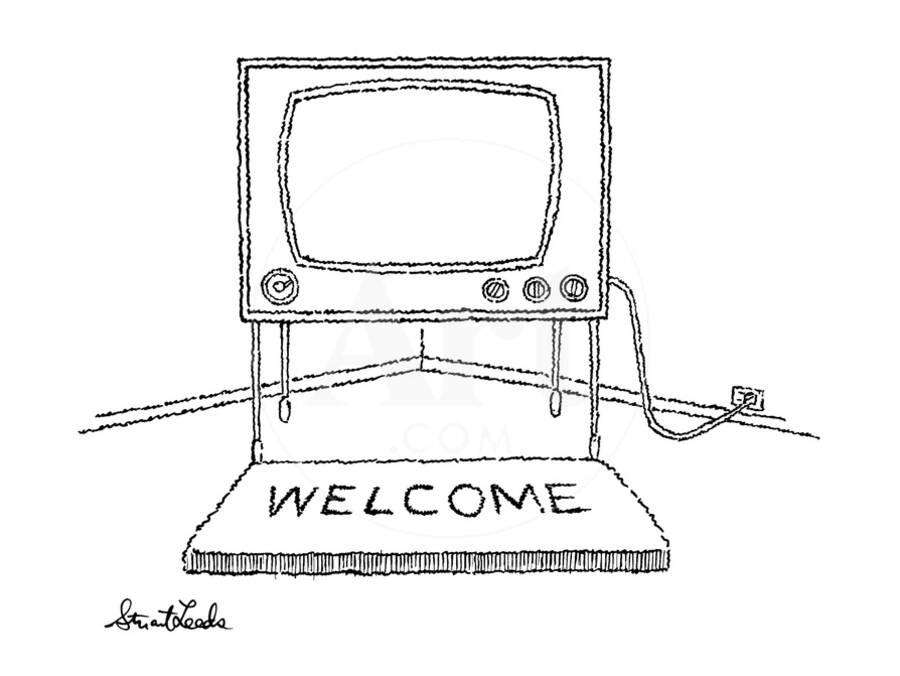 Welcome Mat In Front Of Television New Yorker Cartoon Premium