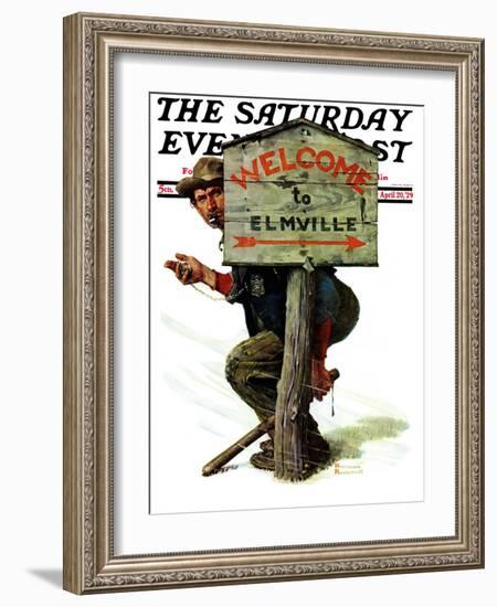 "Welcome to Elmville" Saturday Evening Post Cover, April 20,1929-Norman Rockwell-Framed Giclee Print