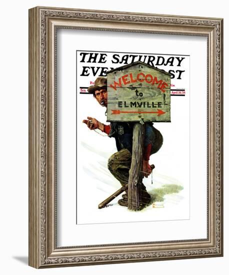 "Welcome to Elmville" Saturday Evening Post Cover, April 20,1929-Norman Rockwell-Framed Giclee Print