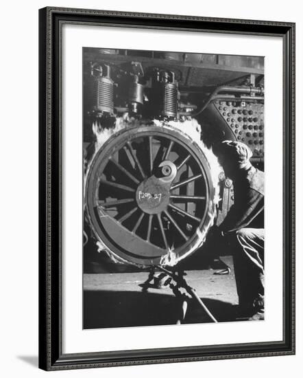 Welder with an Acetylene Torch Cutting Through Some of the Old Tubes in a Modern Locomotive-Thomas D^ Mcavoy-Framed Premium Photographic Print