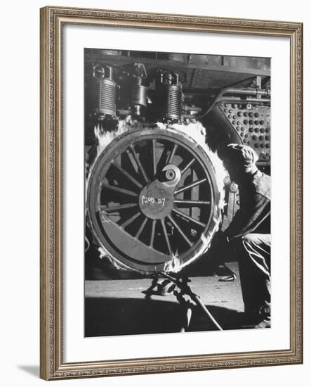 Welder with an Acetylene Torch Cutting Through Some of the Old Tubes in a Modern Locomotive-Thomas D^ Mcavoy-Framed Premium Photographic Print