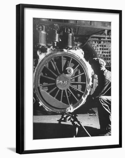 Welder with an Acetylene Torch Cutting Through Some of the Old Tubes in a Modern Locomotive-Thomas D^ Mcavoy-Framed Premium Photographic Print