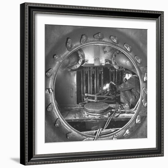 Welder with an Acetylene Torch Cutting Through Some of the Old Tubes in a Modern Locomotive-Thomas D^ Mcavoy-Framed Photographic Print