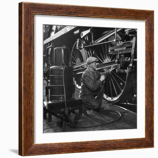 Welder Working on a Steam Engine Piston-Heinz Zinram-Framed Photographic Print