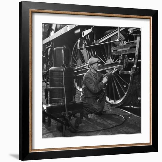 Welder Working on a Steam Engine Piston-Heinz Zinram-Framed Photographic Print