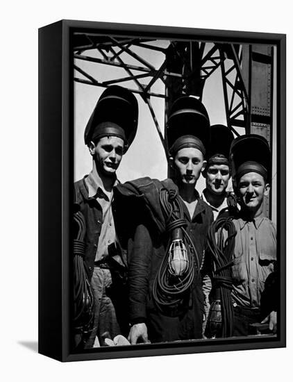 Welders Arriving to Work Night Shift at Shipbuilding Yard; Roosevelt's Decree of a 7 Day Work Week-George Strock-Framed Premier Image Canvas