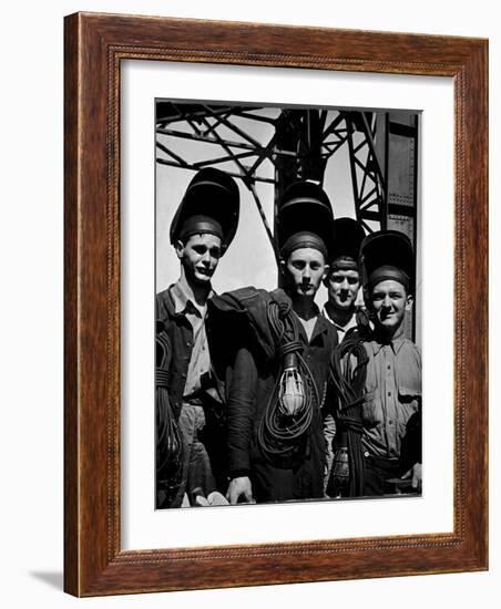 Welders Arriving to Work Night Shift at Shipbuilding Yard; Roosevelt's Decree of a 7 Day Work Week-George Strock-Framed Photographic Print