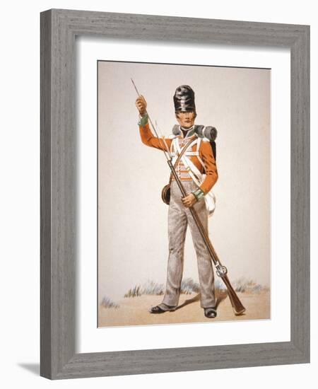 Wellington's Army: Soldier of the 69th Foot Loading His 'Brown Bess' Musket in 1815 (Colour Litho)-English-Framed Giclee Print