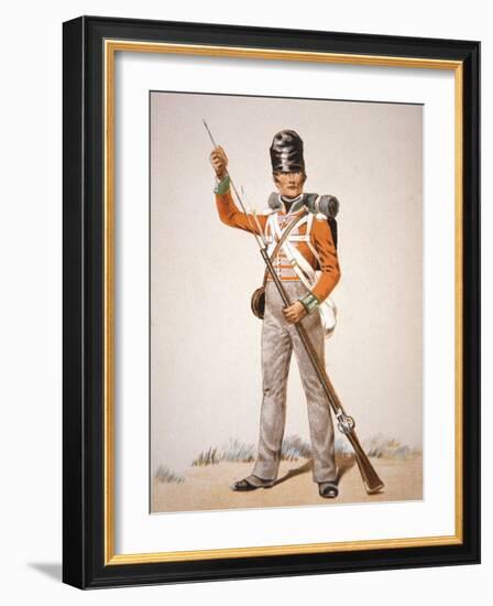 Wellington's Army: Soldier of the 69th Foot Loading His 'Brown Bess' Musket in 1815 (Colour Litho)-English-Framed Giclee Print