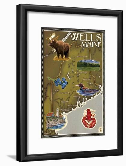 Wells, Maine - Map and Icons-Lantern Press-Framed Art Print