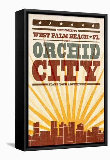 West Palm Beach, Florida - Skyline and Sunburst Screenprint Style-Lantern Press-Framed Stretched Canvas