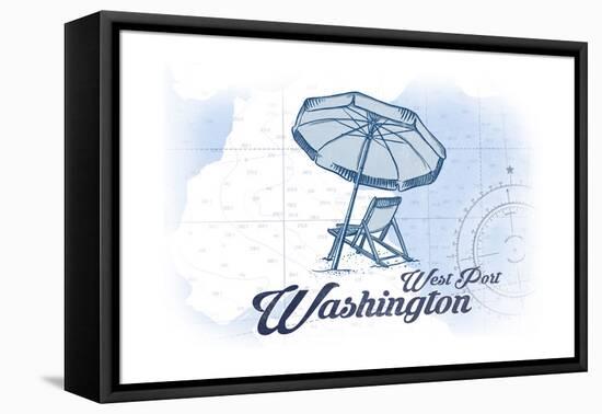 West Port, Washington - Beach Chair and Umbrella - Blue - Coastal Icon-Lantern Press-Framed Stretched Canvas