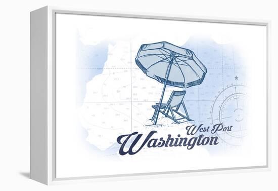 West Port, Washington - Beach Chair and Umbrella - Blue - Coastal Icon-Lantern Press-Framed Stretched Canvas