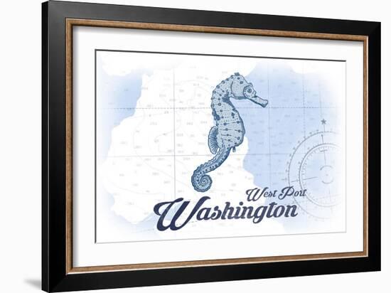 West Port, Washington - Seahorse - Blue - Coastal Icon-Lantern Press-Framed Art Print