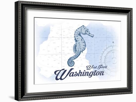 West Port, Washington - Seahorse - Blue - Coastal Icon-Lantern Press-Framed Art Print