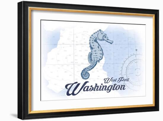 West Port, Washington - Seahorse - Blue - Coastal Icon-Lantern Press-Framed Art Print