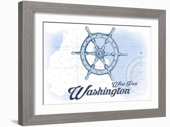 West Port, Washington - Ship Wheel - Blue - Coastal Icon-Lantern Press-Framed Art Print