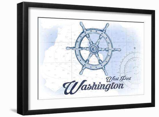 West Port, Washington - Ship Wheel - Blue - Coastal Icon-Lantern Press-Framed Art Print