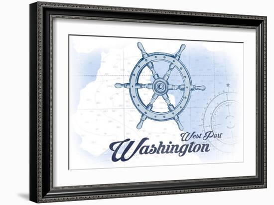 West Port, Washington - Ship Wheel - Blue - Coastal Icon-Lantern Press-Framed Art Print