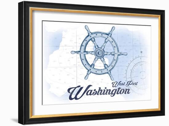 West Port, Washington - Ship Wheel - Blue - Coastal Icon-Lantern Press-Framed Art Print