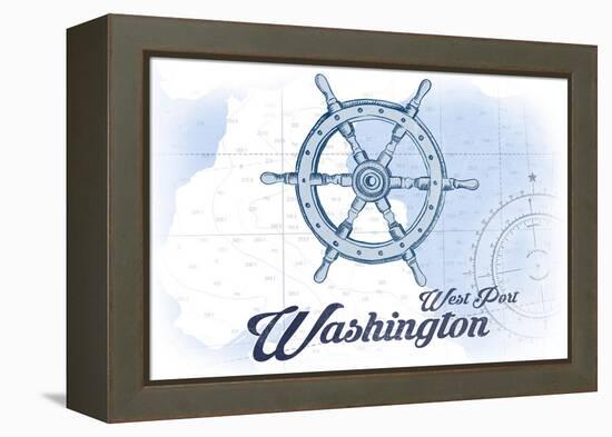 West Port, Washington - Ship Wheel - Blue - Coastal Icon-Lantern Press-Framed Stretched Canvas